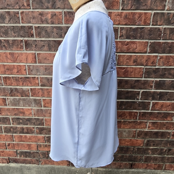 Maeve Blouse Womens 8 Blue Sheer Lace Yoke Short Sleeve Tunic Top Anthropologie - Picture 4 of 11